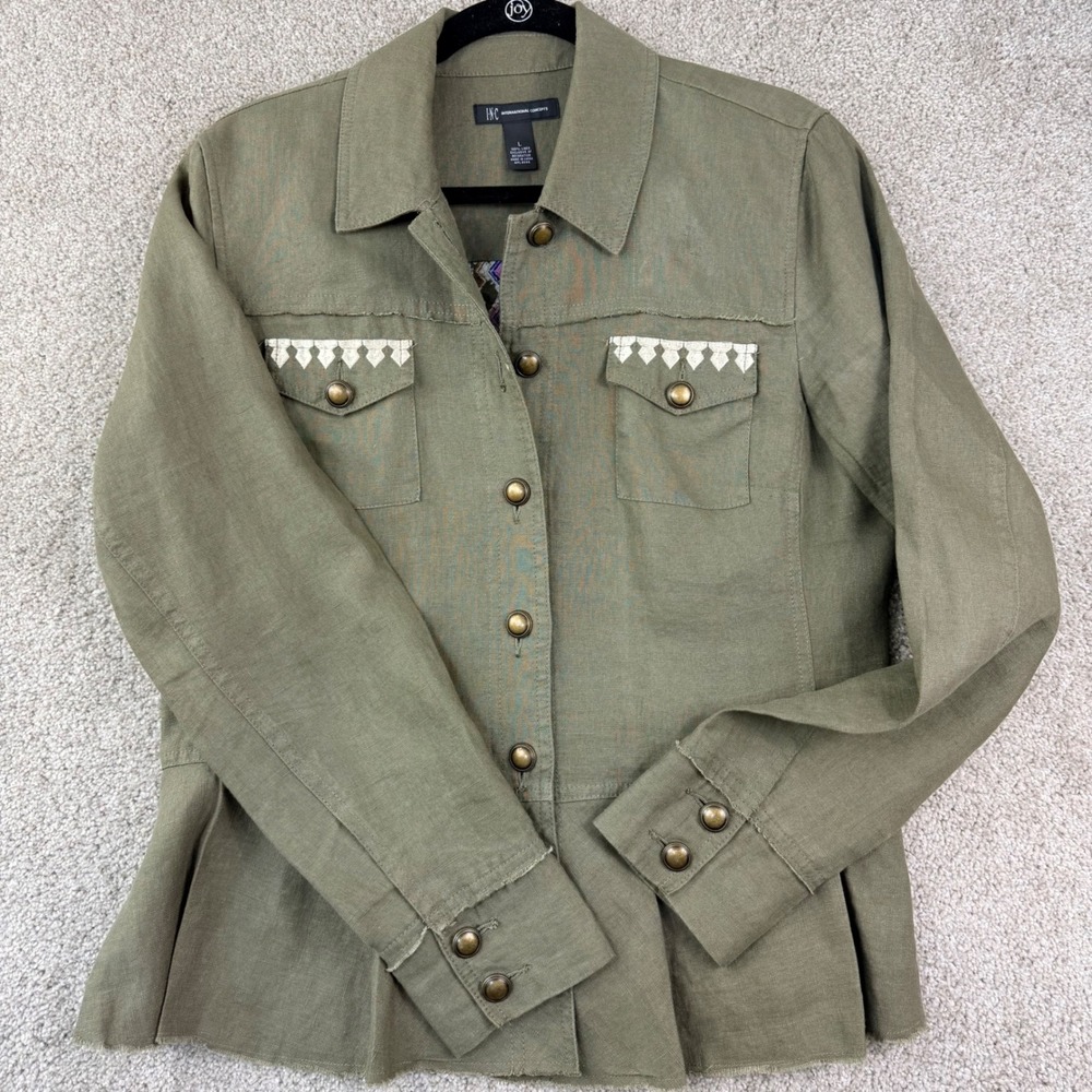 NC Linen Jacket Womens L Olive Embroidered Military Boho Festival Utility Tribal